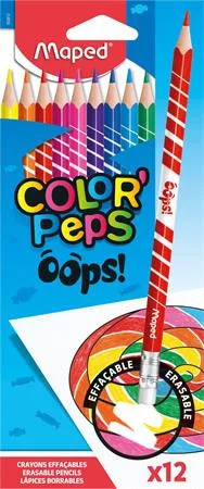 Színes ceruza készlet, háromszögletű, radírozható, MAPED "Color'Peps Oops", 12 különböző szín