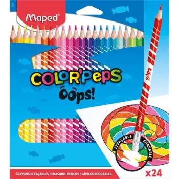   Színes ceruza készlet, háromszögletű, radírozható, MAPED "Color'Peps Oops", 24 különböző szín