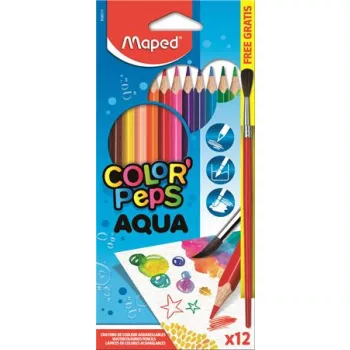   Akvarell ceruza készlet, háromszögletű, ecsettel, MAPED "Color'Peps", 12 különböző szín