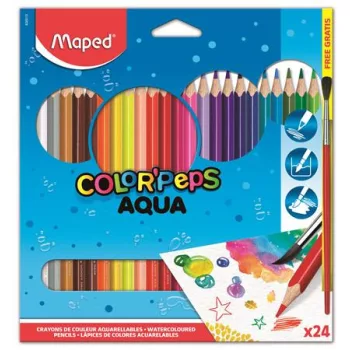   Akvarell ceruza készlet, háromszögletű, ecsettel, MAPED "Color'Peps", 24 különböző szín