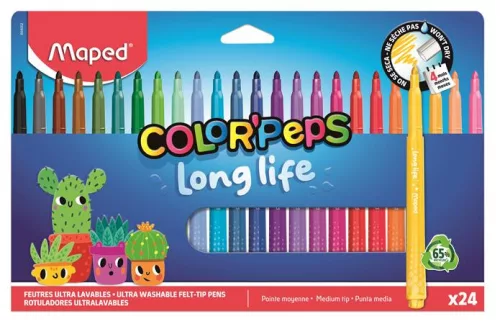 Filctoll készlet, 3,7 mm, kimosható, MAPED „Color'Peps Long Life 2”, 24 különböző szín