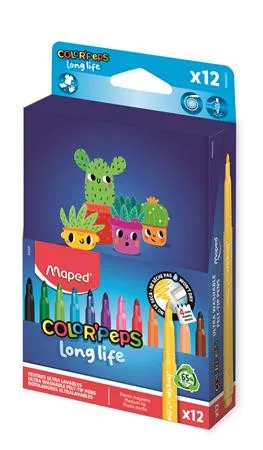 Filctoll készlet, 3,7 mm, kimosható, dobozos, MAPED „Color'Peps Long Life 2”, 12 különböző szín