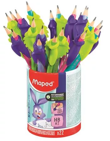 Írástanuló grafitceruza radírral, ceruzatartó, HB, háromszögletű, ceruzafogóval, MAPED "Kidy Learn", vegyes színek