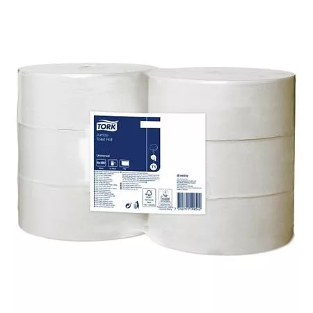 Toalettpapír, T1 rendszer, 2 rétegű, 26 cm átmérő, Universal, TORK "Jumbo", fehér