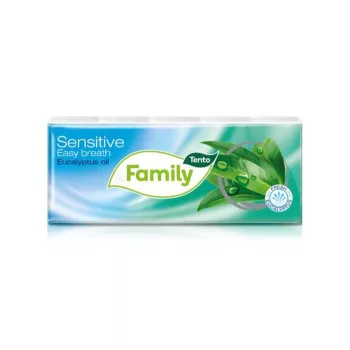   Papír zsebkendő, 3 rétegű, 10x10 db, TENTO "Family", eukaliptuszolaj