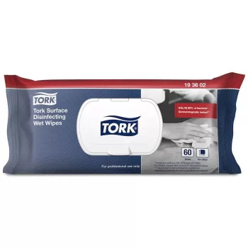   Felületfertőtlenítő tisztítókendő, nedves, 1 rétegű, 60 lap, visszazárható csomag, TORK, citrus