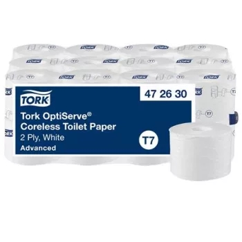   Toalettpapír, belsőmag nélküli, T7 rendszer, 2 rétegű, 13,1 cm átmérő, Advanced, TORK "OptiServe", fehér