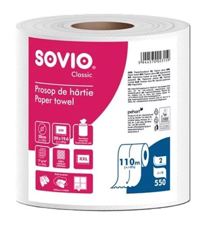 Törlőpapír, 100% cellulóz, tekercses, 110 m, 20 cm átmérő, 2 rétegű, SOVIO