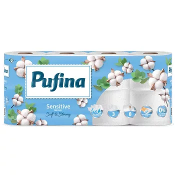   Toalettpapír, 3 rétegű, kistekercses, 8 tekercs, PUFINA "Sensitive Aquabond", illatmentes