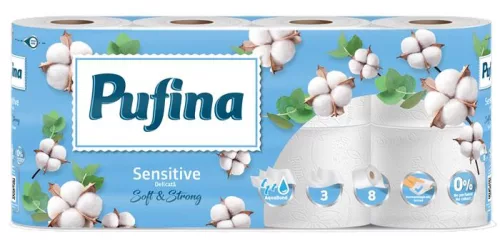 Toalettpapír, 3 rétegű, kistekercses, 8 tekercs, PUFINA "Sensitive Aquabond", illatmentes
