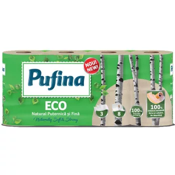   Toalettpapír, 3 rétegű, kistekercses, 8 tekercs, PUFINA "Eco", fehérítetlen és vegyszermentes