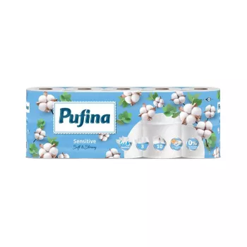   Toalettpapír, 3 rétegű, kistekercses, 10 tekercs, PUFINA "Sensitive Aquabond", illatmentes