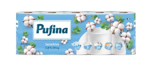 Toalettpapír, 3 rétegű, kistekercses, 10 tekercs, PUFINA "Sensitive Aquabond", illatmentes