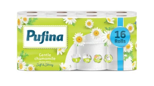 Toalettpapír, 3 rétegű, kistekercses, 16 tekercs, PUFINA "Chamomile", kamilla illattal