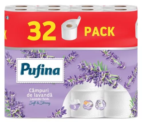 Toalettpapír, 3 rétegű, kistekercses, 32 tekercs, PUFINA "Lavender Fields", levendula illattal