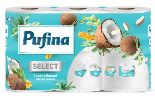 Toalettpapír, 4 rétegű, kistekercses, 6 tekercs, PUFINA "Relaxing Coconut", kókusz illattal