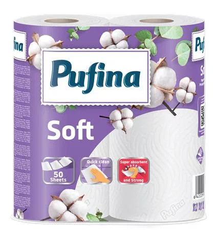 Háztartási papírtörlő, 2 rétegű, 50 lap, 2 tekercses, PUFINA "Soft"