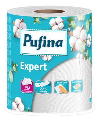 Háztartási papírtörlő, 3 rétegű, 225 lap, 1 tekercses, PUFINA "Expert"