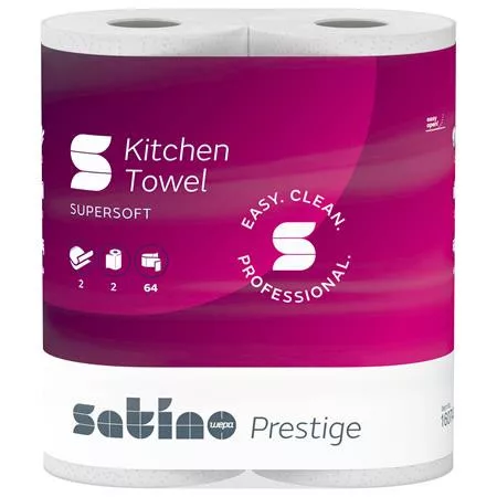 Kéztörlő, 2 rétegű, 2 tekercses,  64 lapos, "Satino Prestige", fehér