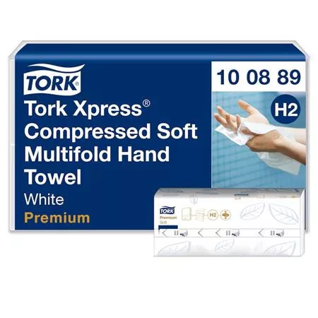 Kéztörlő, tömörített, Interfold, 2 réteg, 225 lap, H2 rendszer, Premium, TORK "Xpress Soft Multifold", fehér
