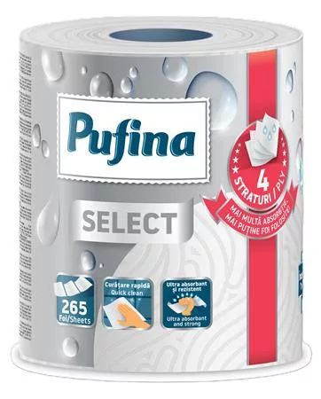 Háztartási papírtörlő, 4 rétegű, 265 lap, 1 tekercses, PUFINA "Select"