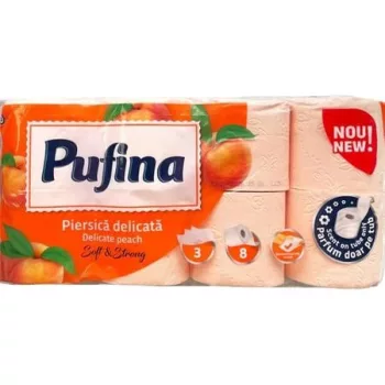   Toalettpapír, 3 rétegű, kistekercses, 8 tekercs, PUFINA "Delicate Peach", barack illattal