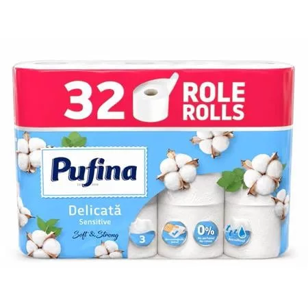 Toalettpapír, 3 rétegű, kistekercses, 32 tekercs, PUFINA "Sensitive", illatmentes