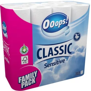   Toalettpapír, 3 rétegű, kistekercses, 32 tekercs, OOOPS "Classic", sensitive