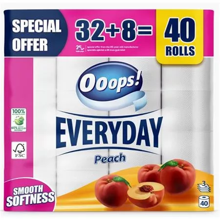 Toalettpapír, 3 rétegű, kistekercses, 32+8 tekercs, OOOPS "Everyday", barack