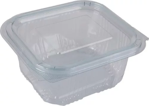 Ételtároló doboz, egybefedeles, műanyag, szögletes, 500 ml, 100 db, "Party", víztiszta