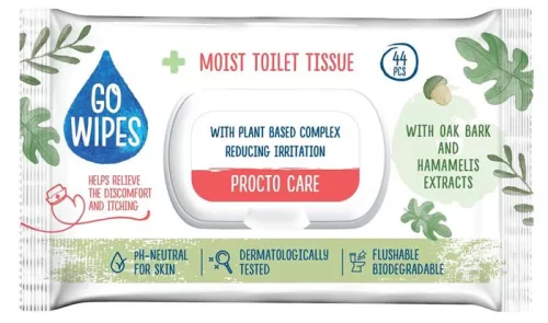 Toalettpapír, nedves, visszazárható tetővel, 44 db, GO WIPES "Procto Care"