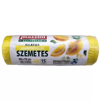   Szemeteszsák, újrahasznosított, köthető füles, illatosított, 60 l, 15 db, 59x72 cm, 13 µ, MAZZINI, citrus illat