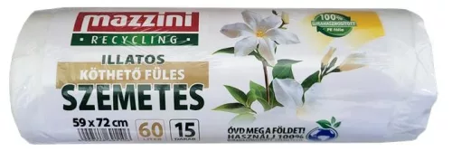 Szemeteszsák, újrahasznosított, köthető füles, illatosított, 60 l, 15 db, 59x72 cm, 13 µ, MAZZINI, virág illat