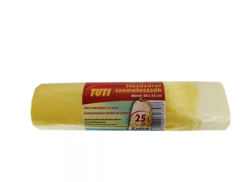 Szemeteszsák, zárószalagos, 25 l, 20 db, 50x55 cm, 14 µ, TUTI, sárga