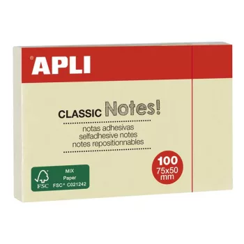   Öntapadó jegyzettömb, 50x75 mm, 100 lap, APLI "Classic", sárga