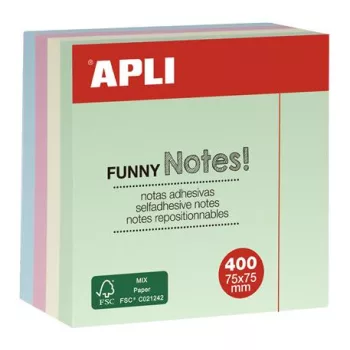   Öntapadó jegyzettömb, 75x75 mm, 400 lap, APLI "Funny", pasztell
