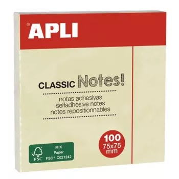  Öntapadó jegyzettömb, 75x75 mm, 100 lap, APLI "Classic", sárga