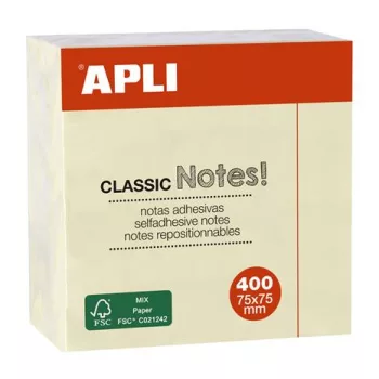   Öntapadó jegyzettömb, 75x75 mm, 400 lap, APLI "Classic", sárga