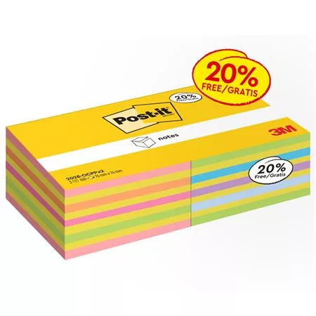 Öntapadó jegyzettömb, 76x76 mm, 2x450 lap, 3M POSTIT,  vegyes színek