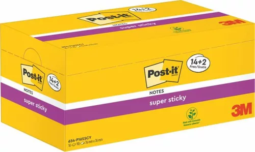 Öntapadó jegyzettömb csomag, 76x76 mm, 16x90 lap, 3M POSTIT "Super Sticky", kanárisárga