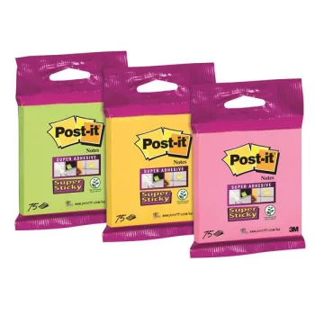   Öntapadó jegyzettömb, 76×76 mm, 75 lap, 3M POSTIT "Super Sticky", vegyes