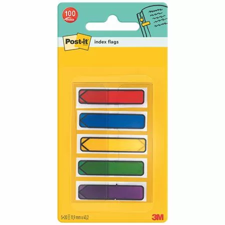 Jelölőcímke, műanyag, 5x20 lap, 11,9x43,2 mm, nyíl, 3M POSTIT, vegyes