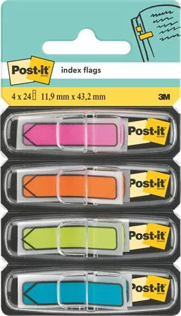 Jelölőcímke, műanyag, 4x24 lap, 11,9x43,2 mm, nyíl, 3M POSTIT, vegyes