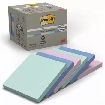   Öntapadó jegyzettömb, 76x76 mm, 6x100 lap, környezetbarát, 3M POSTIT "Nature", vegyes pasztell színek