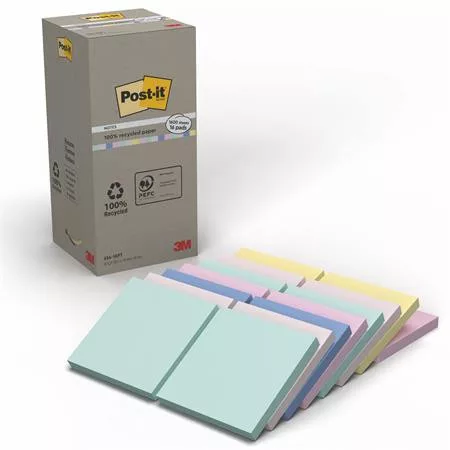 Öntapadó jegyzettömb, 76x76 mm, 16x100 lap, környezetbarát, 3M POSTIT "Nature", vegyes pasztell színek