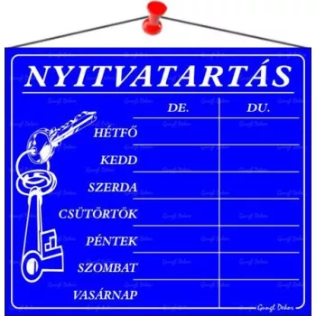   Információs tábla, 20x17,5 cm, "Nyitvatartás", kék