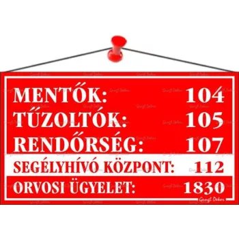   Információs tábla, 22,5x12,5 cm, "Mentők tűzoltók, rendőrség telefonszámok", piros