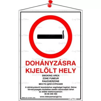  Információs tábla, 21x31 cm, többnyelvű, "Dohányzásra kijelölt hely"