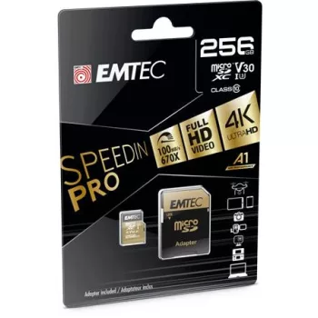   Memóriakártya, microSDXC, 256GB, UHS-I/U3/V30/A2, 100/95 MB/s, adapter, EMTEC "SpeedIN"