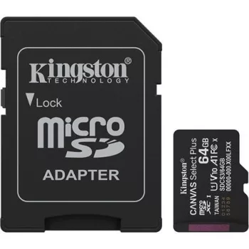   Memóriakártya, microSDXC, 64GB, C10/UHS-I/U1-U3/V10-V30/A1, Gen3, adapter, KINGSTON "Canvas Select Plus"